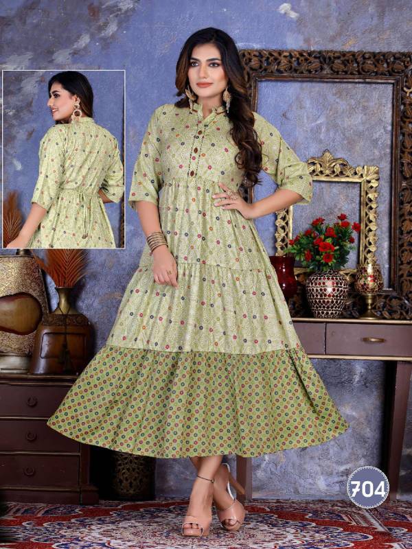 Saadgi Flora New Fancy Wear Rayon Printed Anarkali Kurti Collection